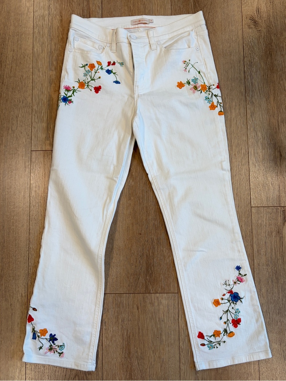 Tory Burch Embroidered White Straight Leg Jeans Size 27 Floral